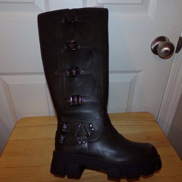 Suedi Women's Knee High Riding Boots /Side Zipper Chunky Platform Motorcycle 10 - Picture 5 of 9